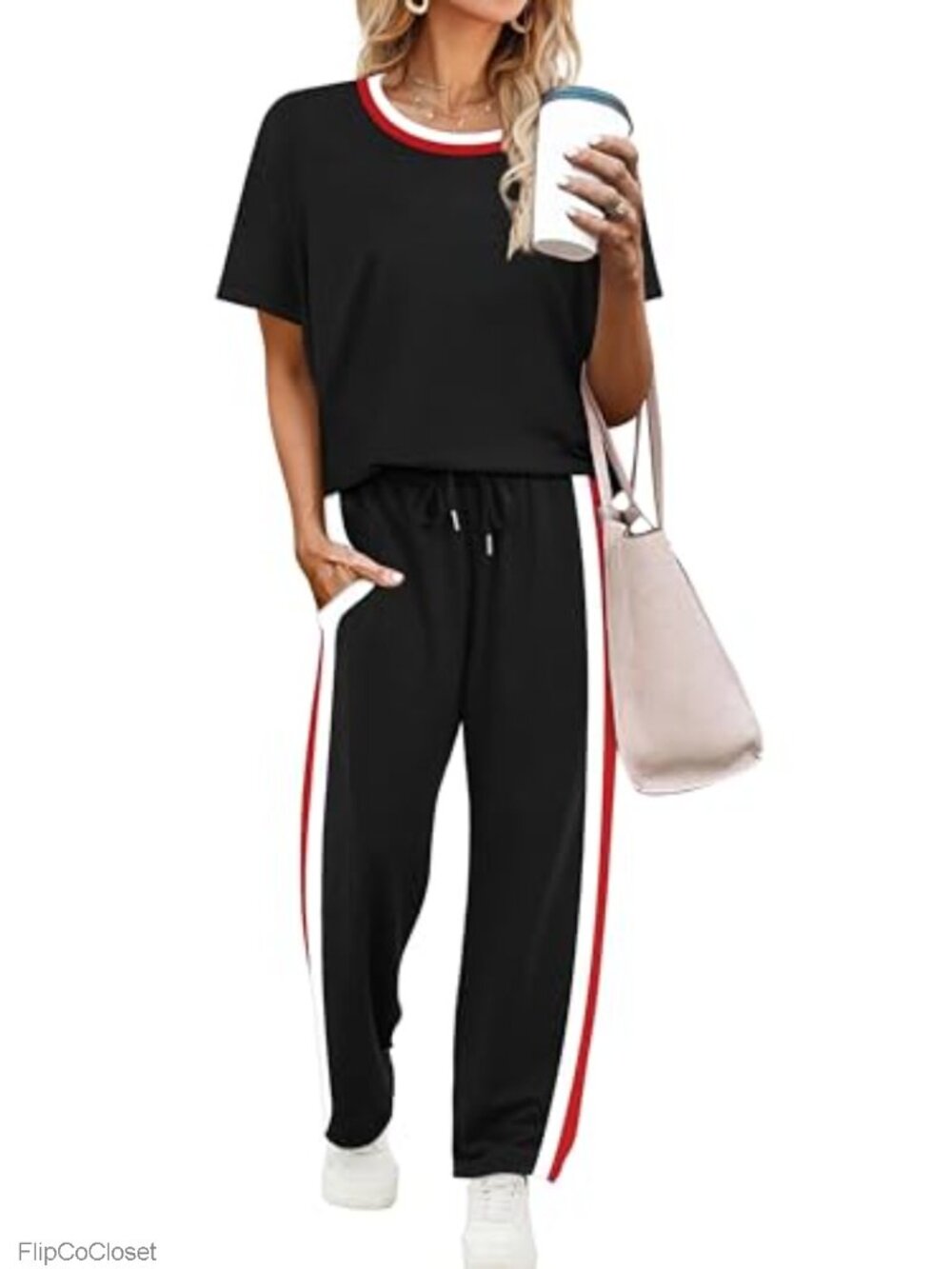 2 Piece Lounge Set Short Sleeve Top Wide Leg Pants with Pockets Matching Summer